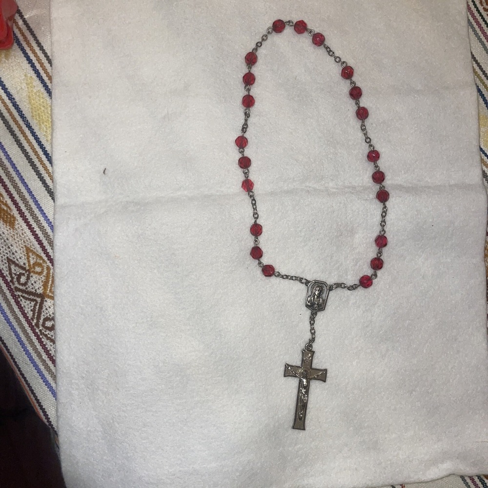 Small Red Rosary‎ On Silver Tone Chain